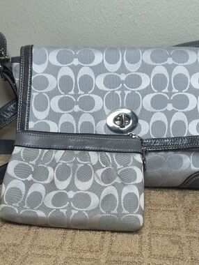 Coach Gray Signature Jacquard Crossbody with Matching Wristlet